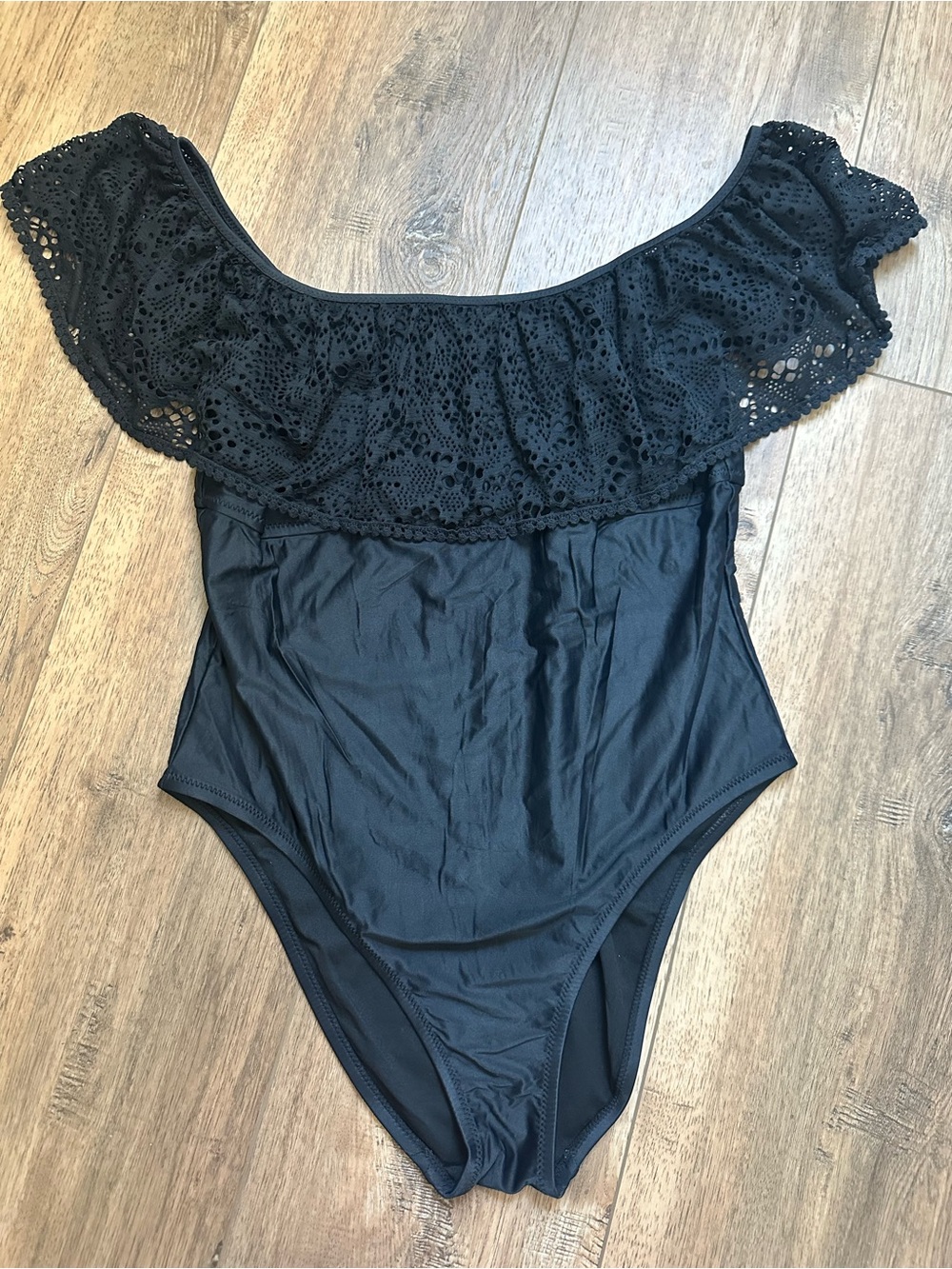 NEW! Shade & Shore Women's One Piece Swimsuit, Solid Black, Lace Overlay, XL